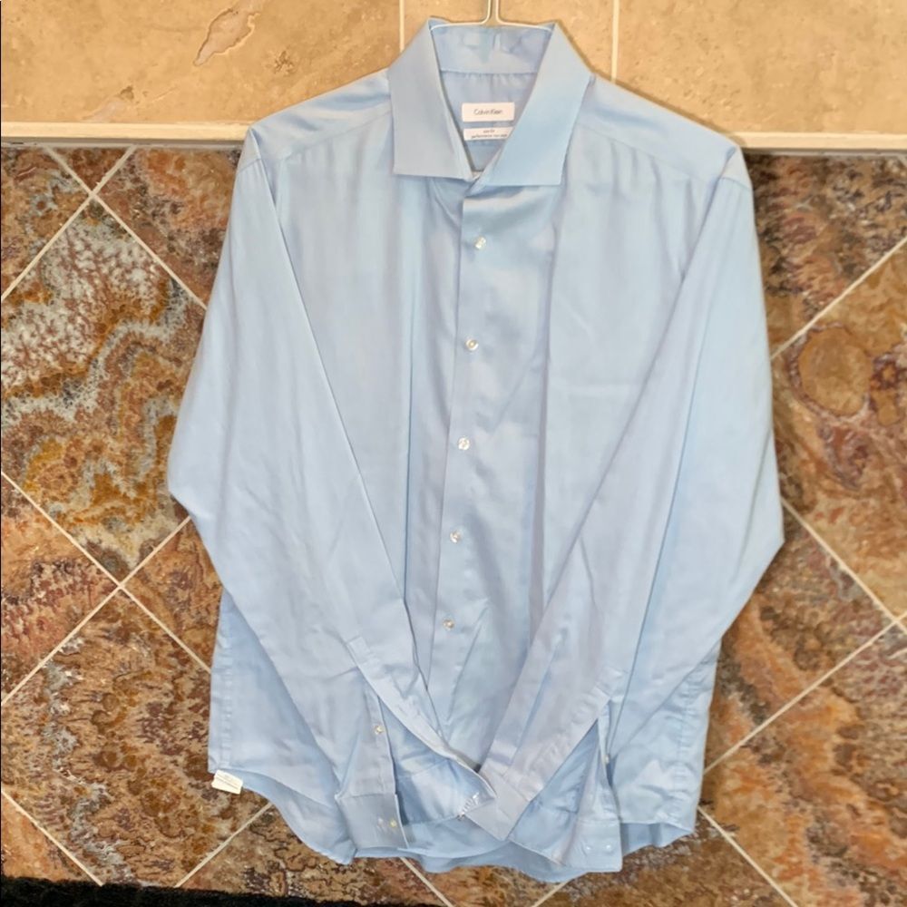 Calvin Klein Men's Slim Fit Performance Non Iron Dress Shirt Blue Cotton Size 17